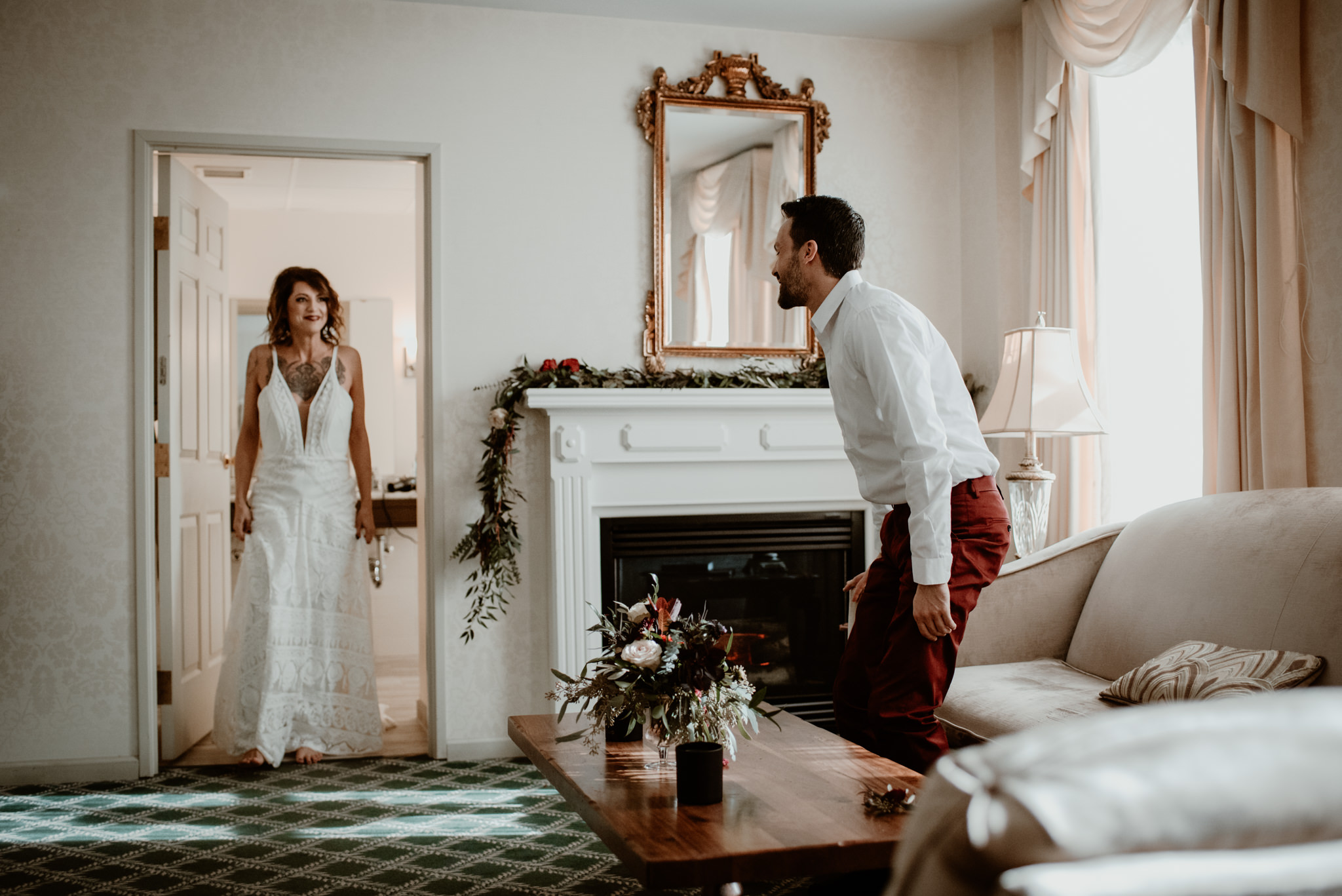 Getting ready at the Landmark Inn in Marquette- Upper Peninsula Elopement.