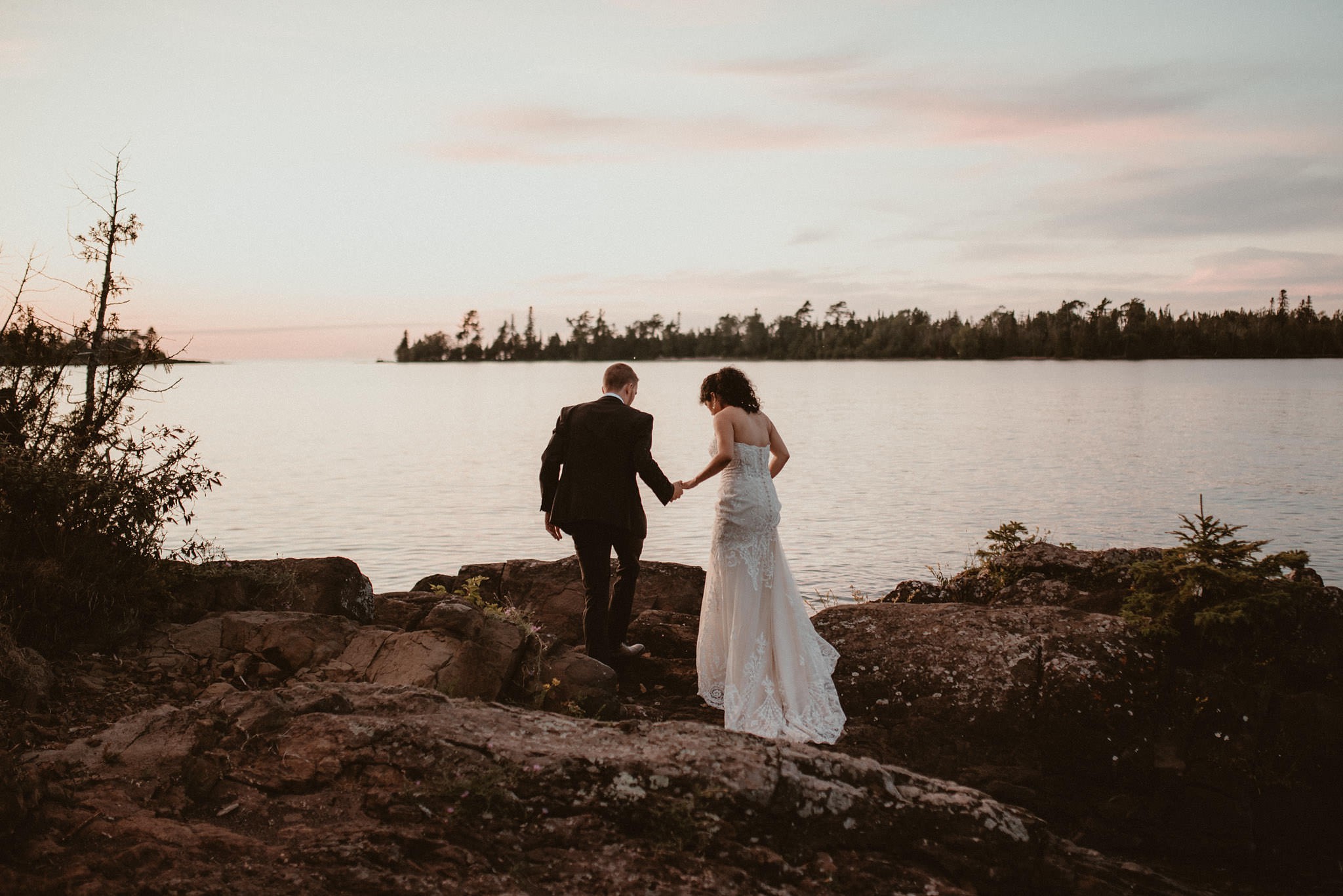 Bride and groom portraits on Lake Superior