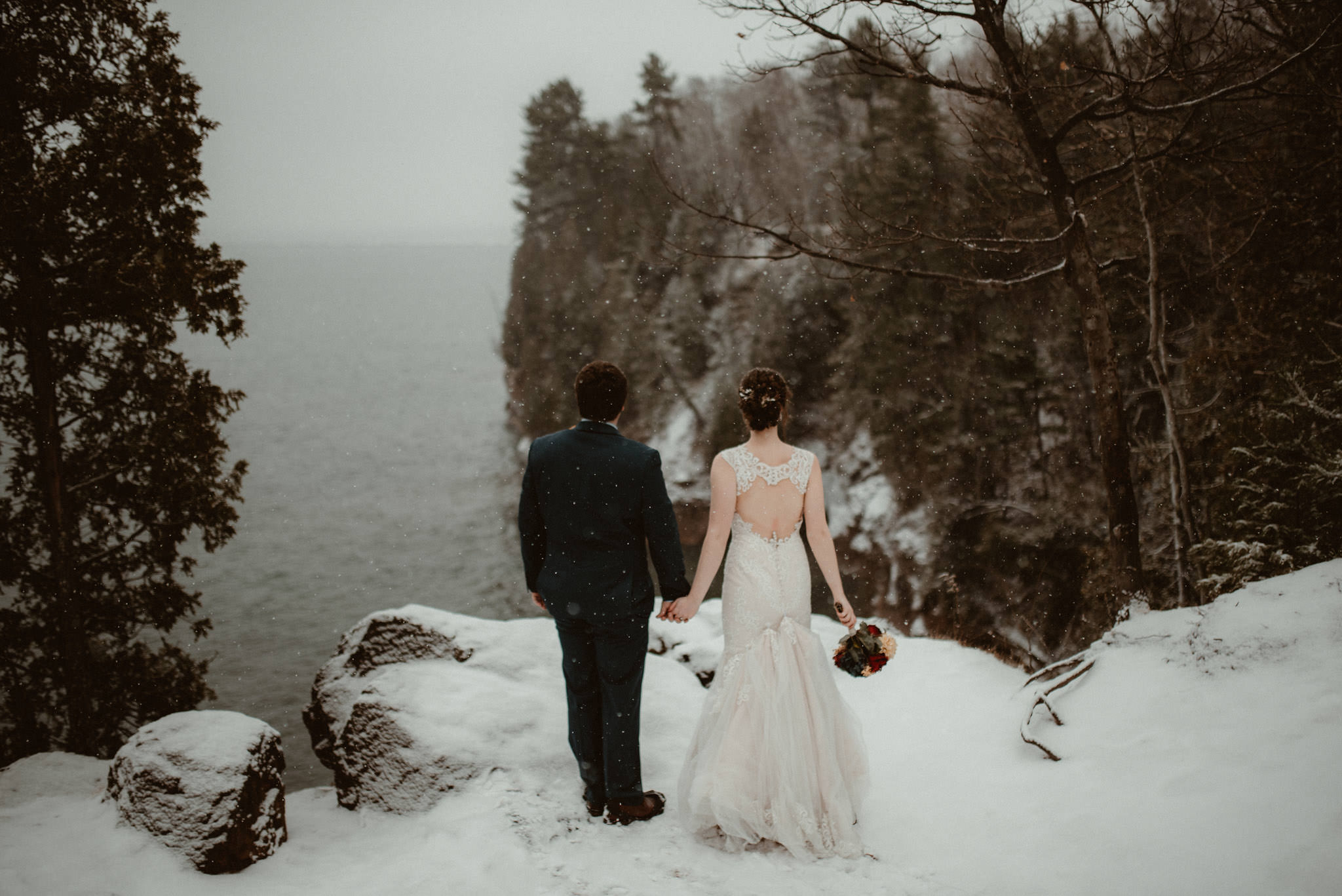 Winter elopement on Presque Isle in Marquette, Michigan