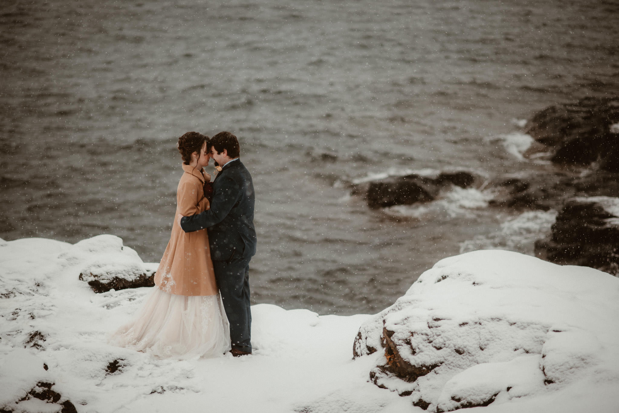 Elopement in winter on Lake Superior, Marquette, Michigan