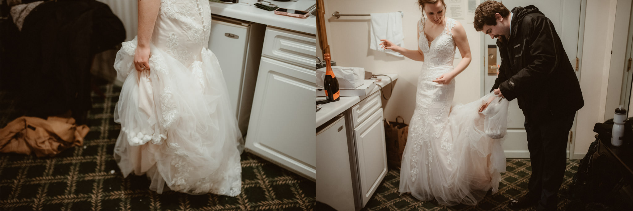 Bride has snowballs in her dress