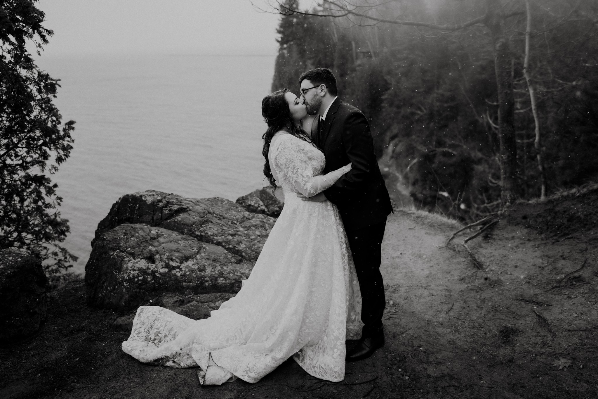 Bride and groom first kiss at their "just us" elopement in Michigan.